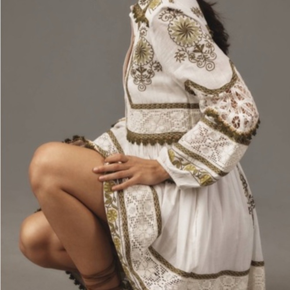 Anthropologie Maeve Ivory and Olive Embroidered Long Sleeve Dress - Picture 3 of 10